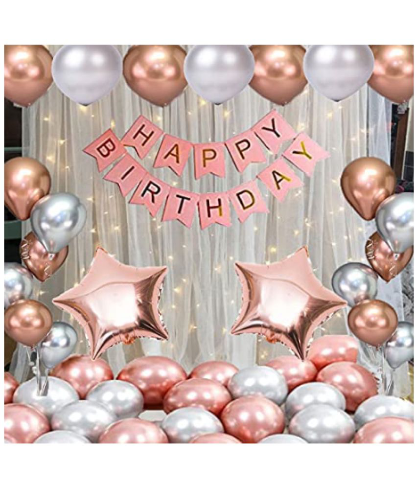     			Jolly Party   rosegold silver Happy Birthday Decoration Combo Kit with Banner, Balloons,star Foil 33pcs for Birthday Decoration