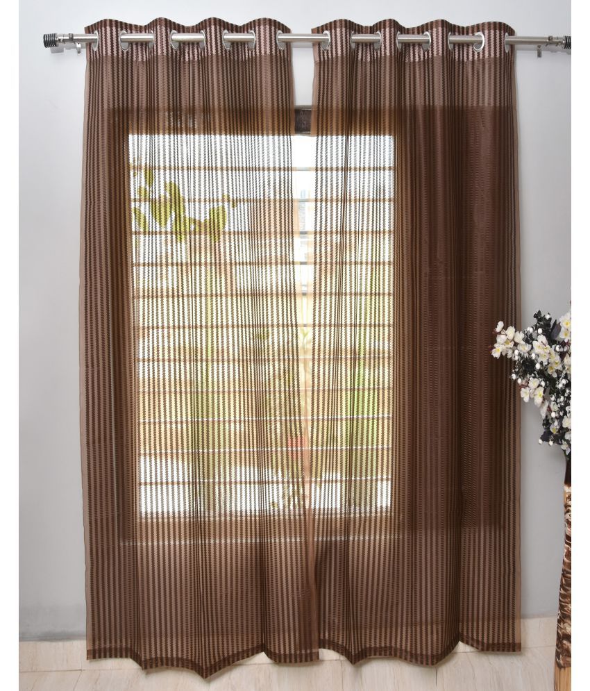     			Homefab India Vertical Striped Semi-Transparent Eyelet Curtain 7 ft ( Pack of 2 ) - Brown