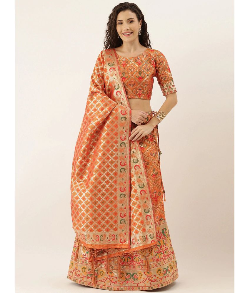     			Om Shantam Sarees Orange Banarasi Silk Chaniya Choli Semi Stitched Lehenga