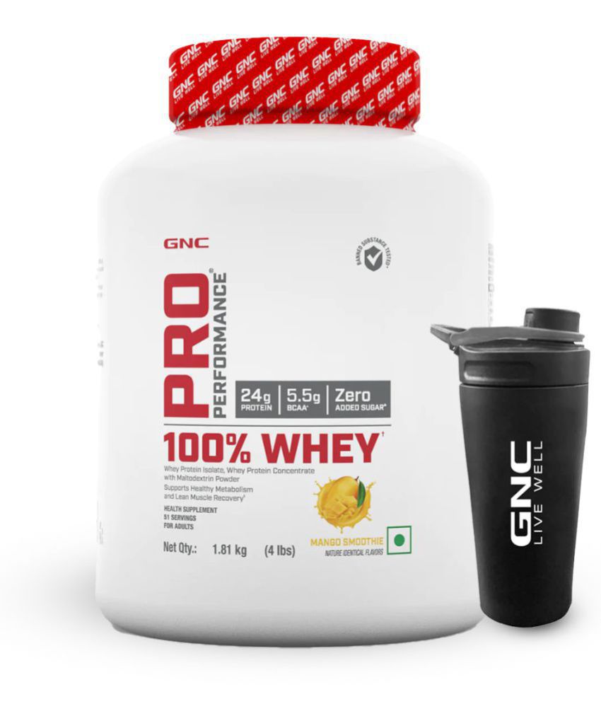     			GNC Pro Performance 100% Whey Protein Powder- Mango Smoothie, 4 lbs & Steel Shaker (Combo)
