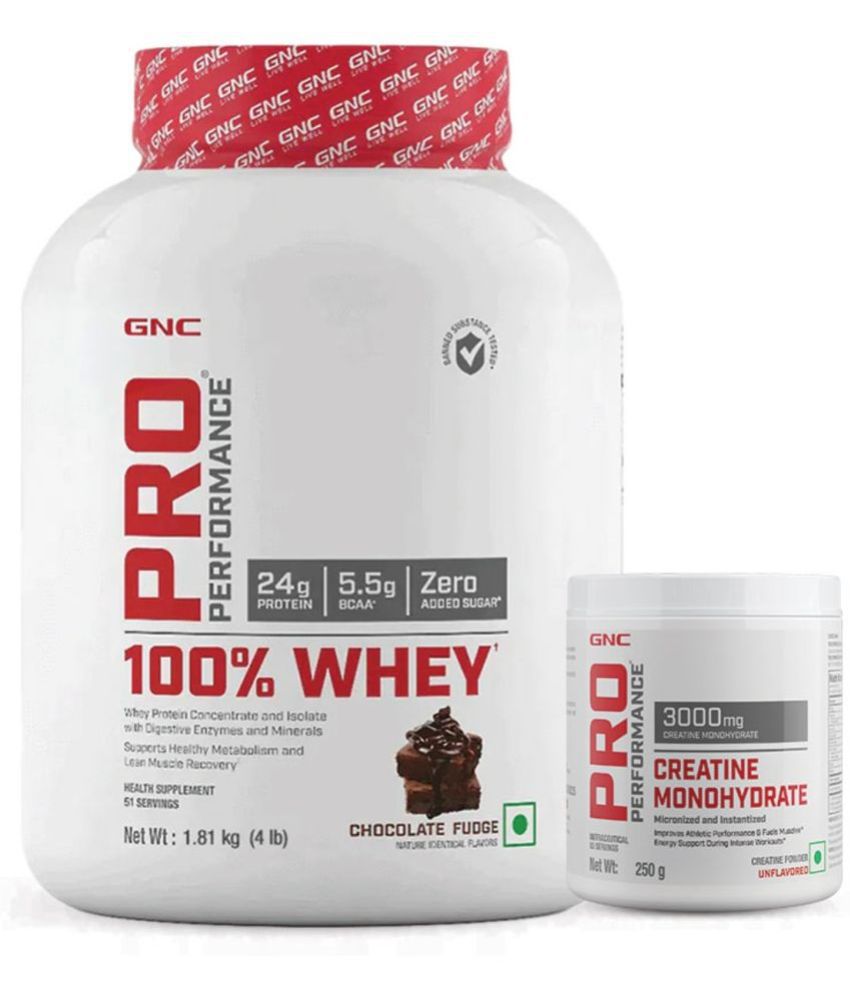     			GNC Pro Performance 100% Whey Chocolate Fudge- 4 lbs + Creatine Monohydrate - 250gm (Combo)