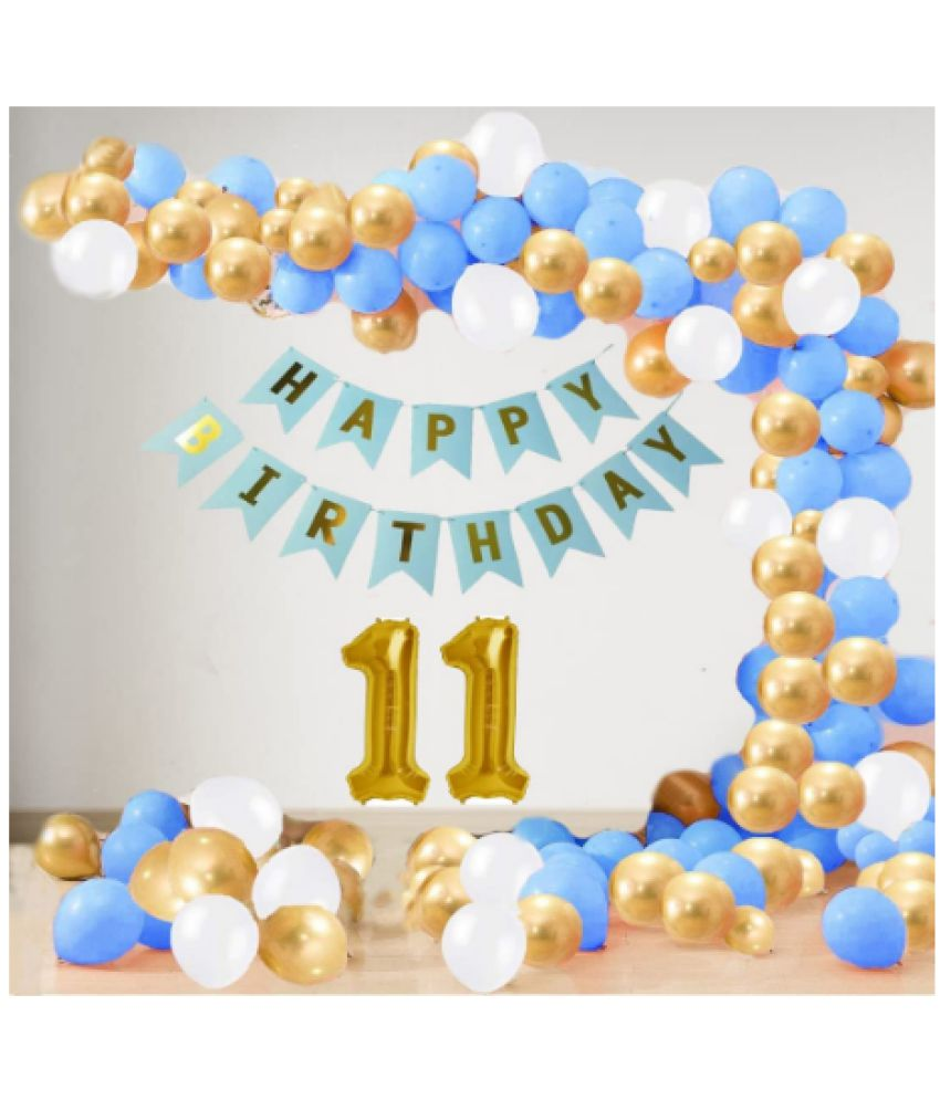     			Jolly Party  11 Year Decoration kit For Boy and Girl Happy-Birthday 62 Pcs Combo Items 20 golden, 20 White 20 Blue balloons and 13 letter happy birthday banner and 11 letter golden foil balloon.