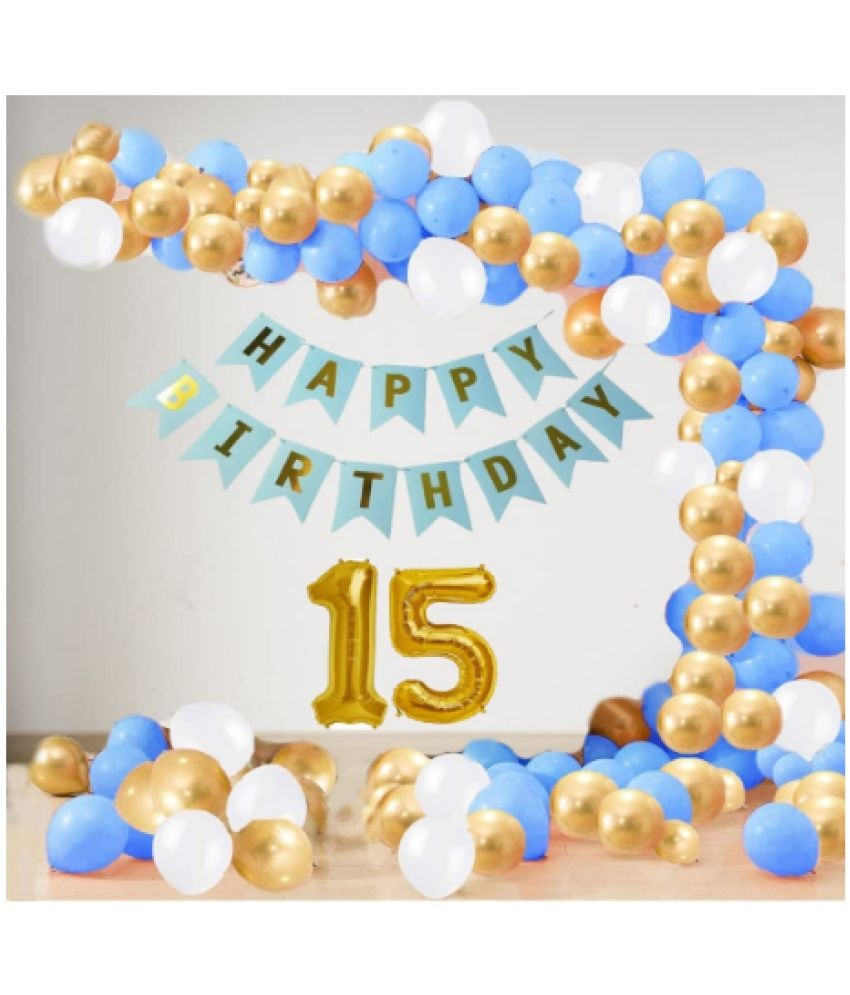     			Jolly Party  15 Year Decoration kit For Boy and Girl Happy-Birthday 62 Pcs Combo Items 20 golden, 20 White 20 Blue balloons and 13 letter happy birthday banner and 15 letter golden foil balloon.