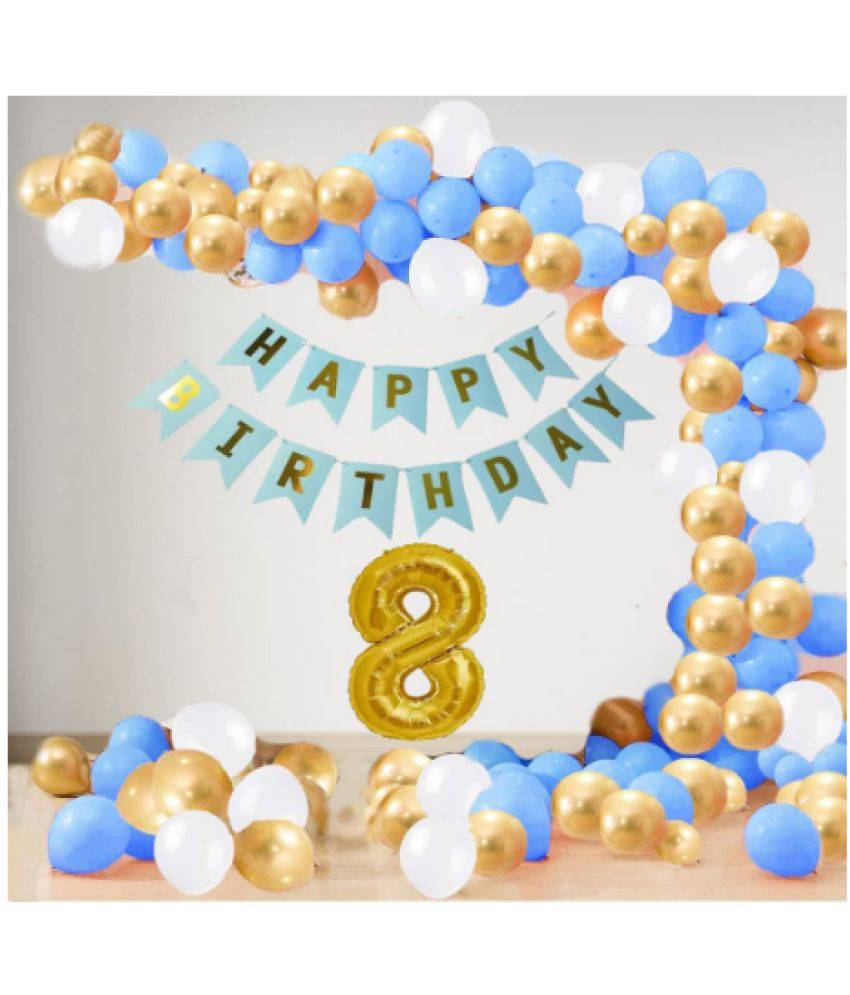     			Jolly Party  8 Year Decoration kit For Boy and Girl Happy-Birthday 62 Pcs Combo Items 20 golden, 20 White 20 Blue balloons and 13 letter happy birthday banner and 8 letter golden foil balloon.