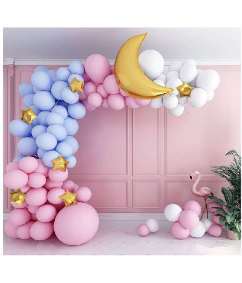     			Jolly Party  Blue Pink White Balloons Arc With Golden Moon + golden star Foil Combo