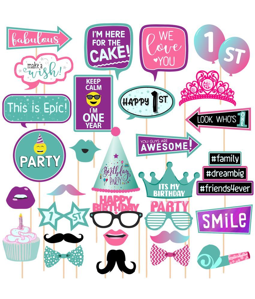     			Zyozi 30 Pieces Birthday Photo Booth Props Kit Colorful Funny Kids Birthday Theme for Birthday Party Celebration Decorations