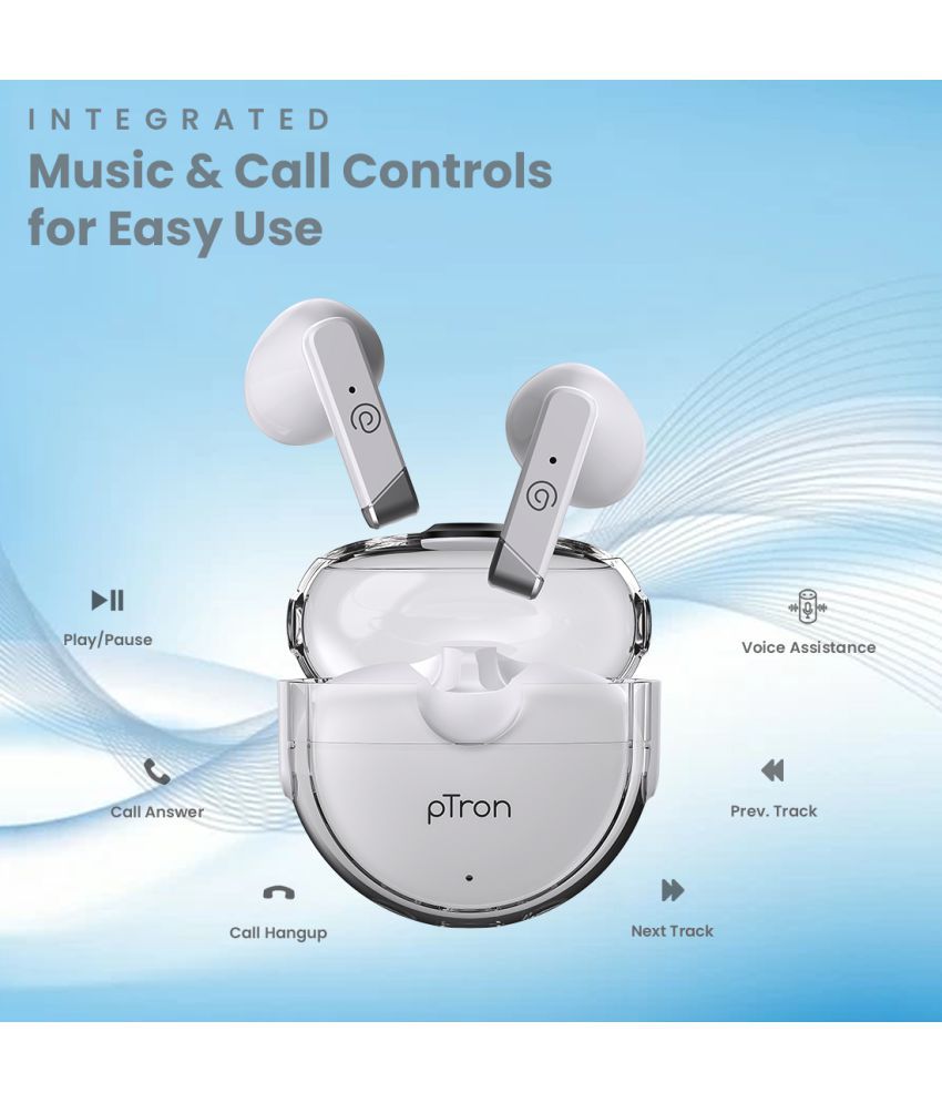 pTron Bassbuds Fute On Ear True Wireless (TWS) 25 Hours Playback IPX4(Splash & Sweat Proof) Passive noise cancellation -Bluetooth V 5.1 White