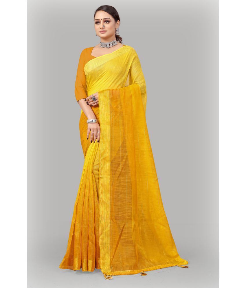     			Kyarn - Yellow Cotton Blend Saree With Blouse Piece ( Pack of 1 )