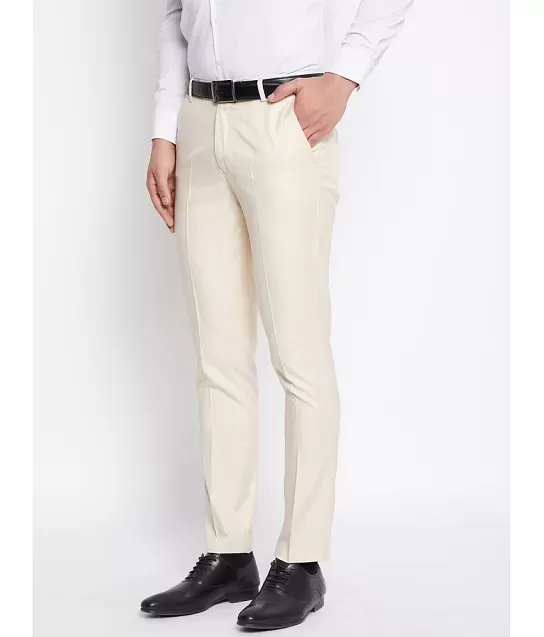 Buy Men Cream Solid Slim Fit Casual Trousers Online - 802495 | Peter England