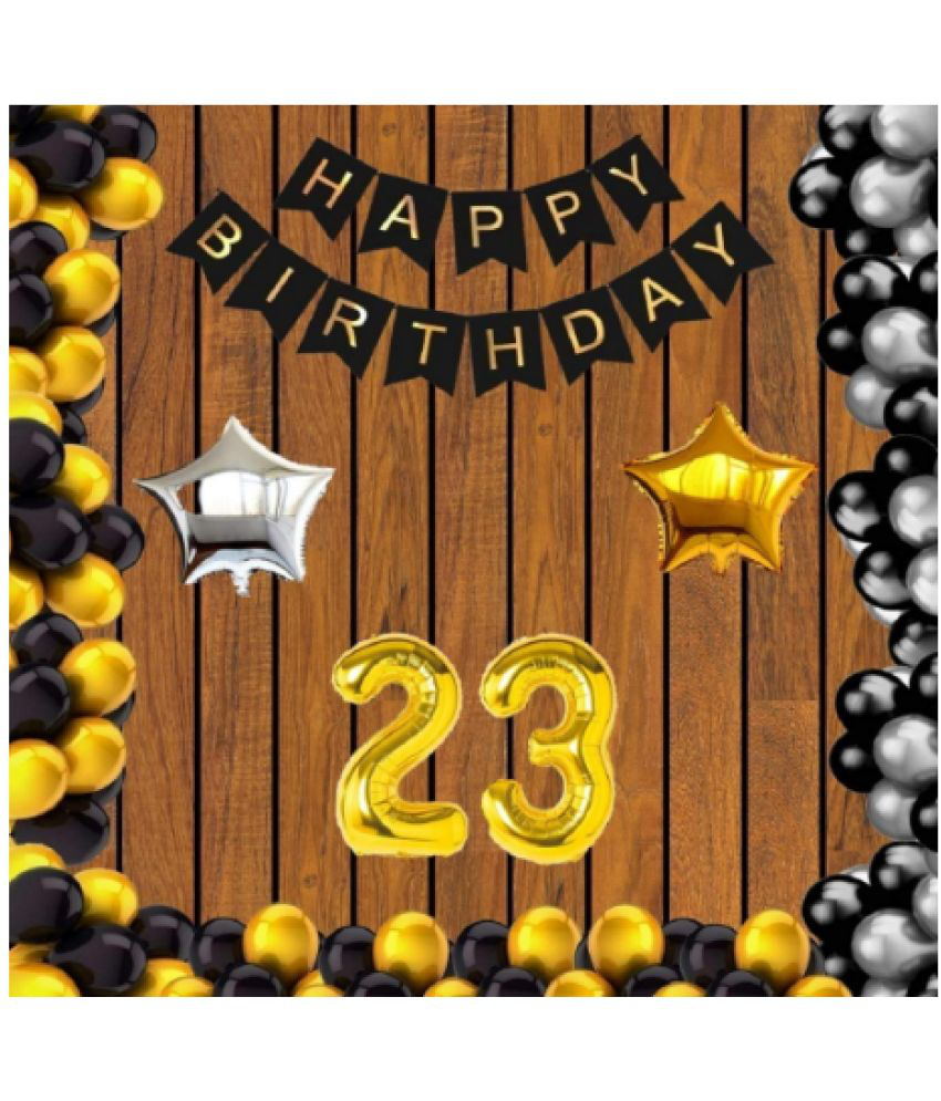     			Jolly Party   23 no Gold Foil Balloons + Happy Birthday Decoration Black Banner Set of 13 Letters with 30 HD Metallic Gold , Silver & Black Balloons + 1 Gold & 1 Silver Star Foil Balloons Pack of 47