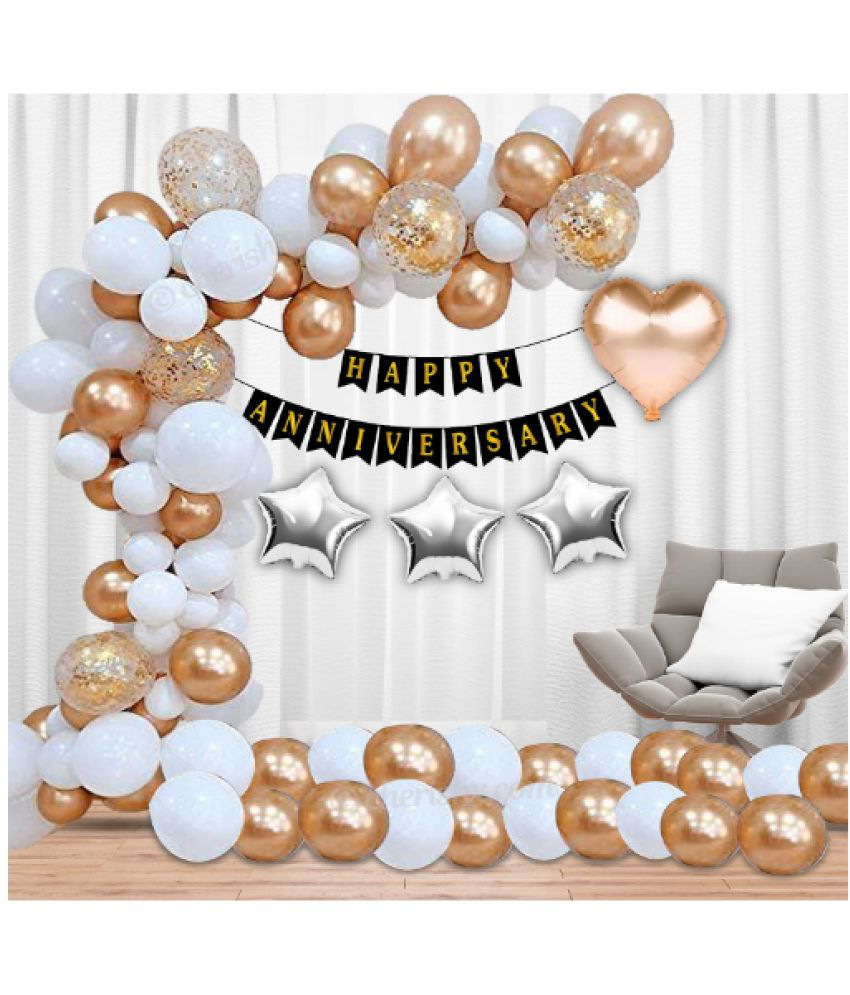     			Jolly Party   Rosegold & White Anniversary Celebration Decorations 63 Pcs Set - Anniversary Banner, Star, Heart, Confetti & Metallic Balloon Decoration for Wedding Anniversary, Arch Stip and Glue tape