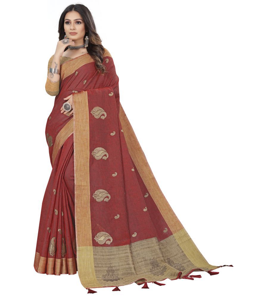     			Rekha Maniyar - Maroon Linen Saree With Blouse Piece ( Pack of 1 )