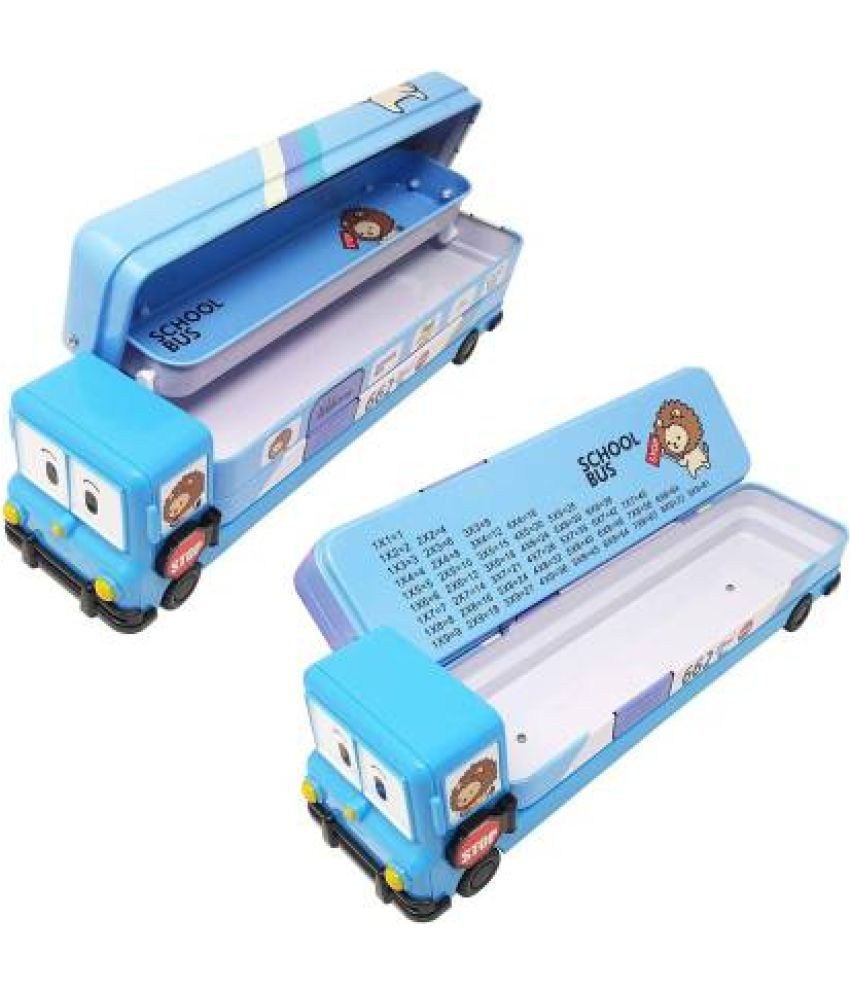     			BLUE Magic Bus Shape with Rotating Wheels Art Metal Pencil Box  (Set of 1, Blue)