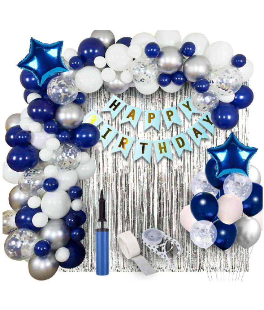    			Jolly Party  Dark Blue With Silver Happy Birthday Decoration Items Kit Combo Set  - 62 pieces