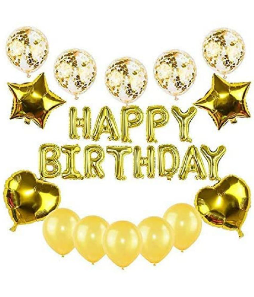     			Jolly Party  Decoration Combo 1 Pcs Happy Birthday Foil ,2 Pcs Star,2 Pcs Heart Set With 5 Pcs Gold Metallic Balloons 5 Pcs Confetti Balloons