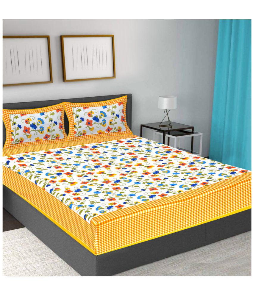     			FrionKandy Living - Yellow Cotton Double Bedsheet with 2 Pillow Covers