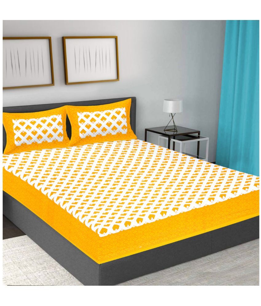     			FrionKandy Living - Yellow Cotton Double Bedsheet with 2 Pillow Covers