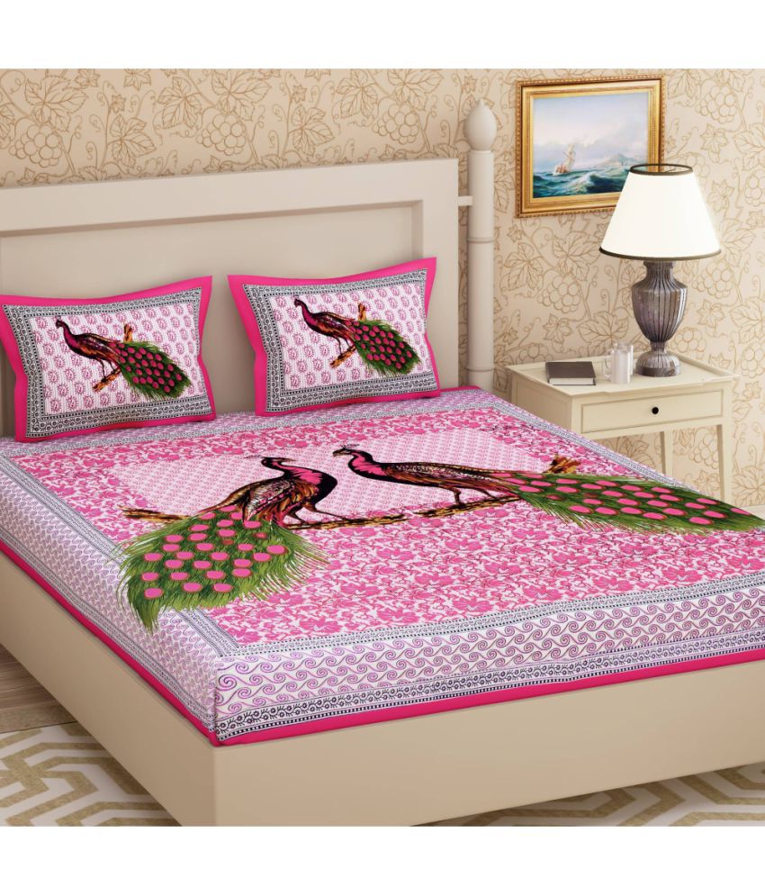     			HOMETALES - Pink Cotton Double Bedsheet with 2 Pillow Covers