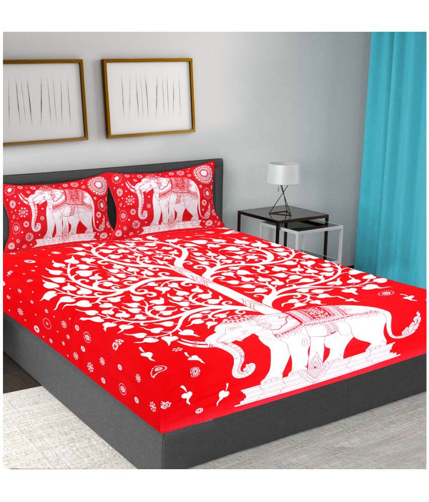     			HOMETALES Cotton Animal Double Bedsheet with 2 Pillow Covers-Red