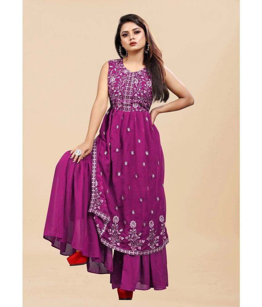     			Apnisha - Purple Straight Georgette Women's Stitched Salwar Suit ( Pack of 1 )