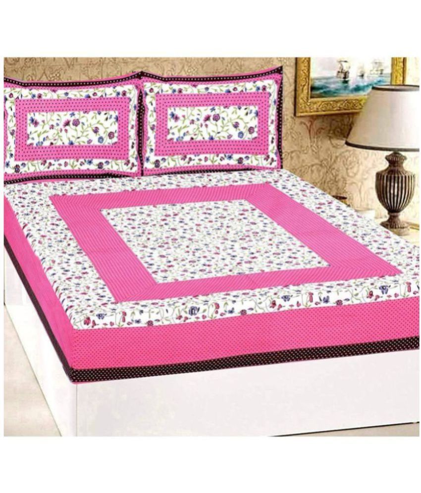     			FrionKandy Living - Pink Cotton Double Bedsheet with 2 Pillow Covers