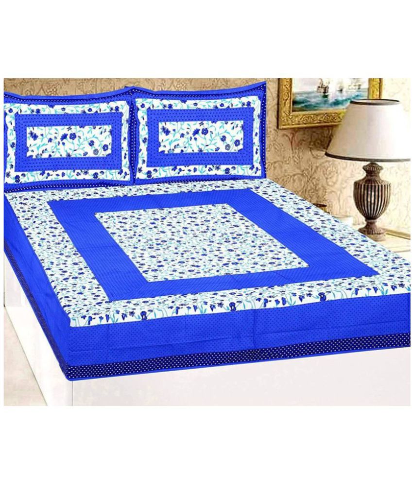    			FrionKandy Living - Blue Cotton Double Bedsheet with 2 Pillow Covers