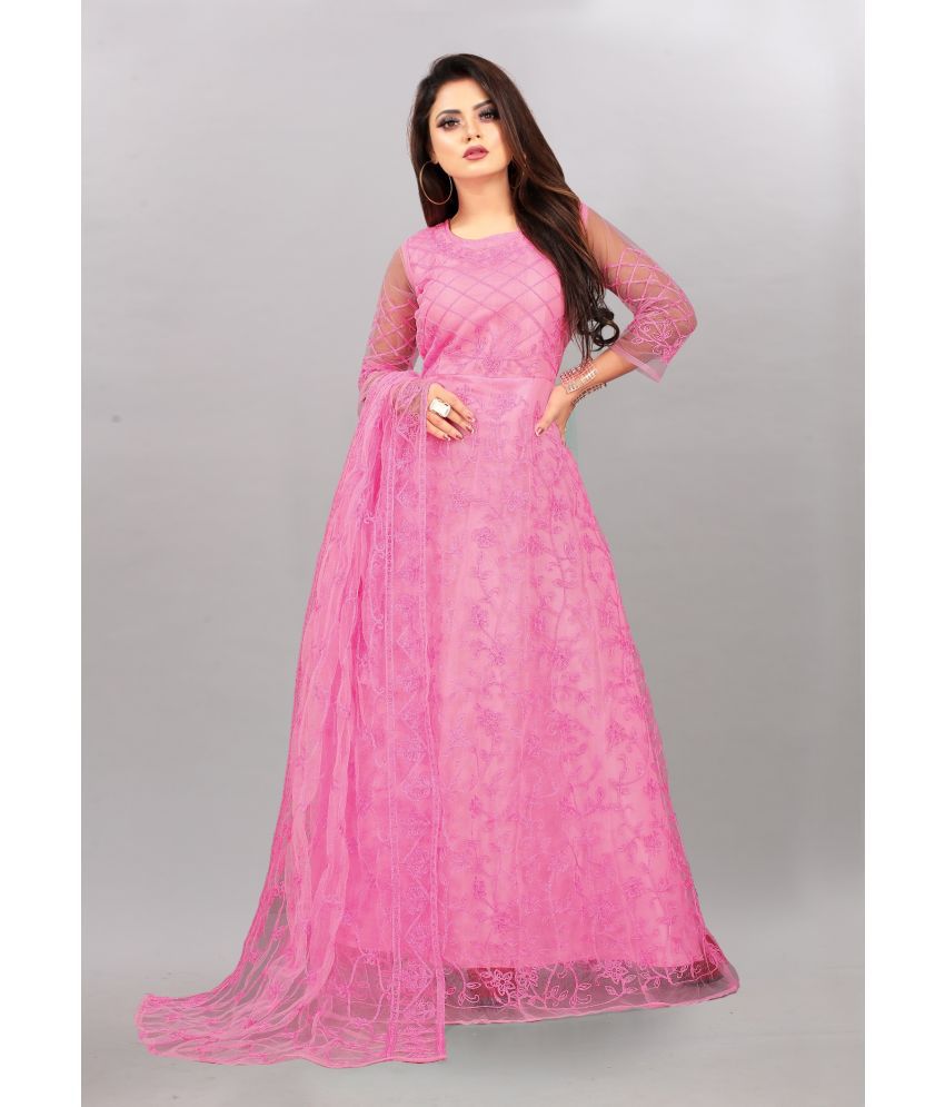     			JULEE - Pink Anarkali Net Women's Semi Stitched Ethnic Gown ( Pack of 1 )