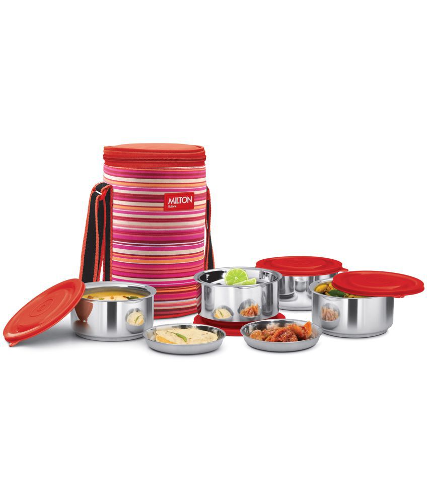     			Milton Ribbon 4 Stainless Steel Lunch Box with Jackets, Set of 4, Red