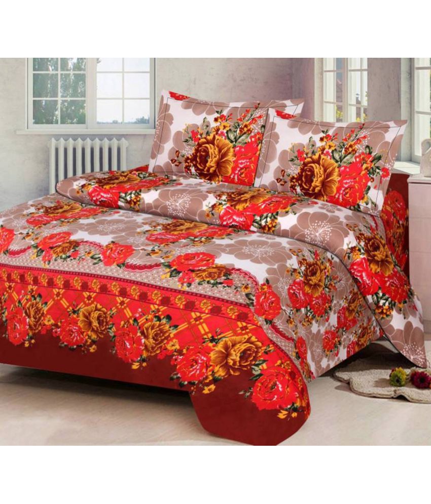     			Exopick - Red & Brown Poly Cotton Double Bedsheet with 2 Pillow Covers