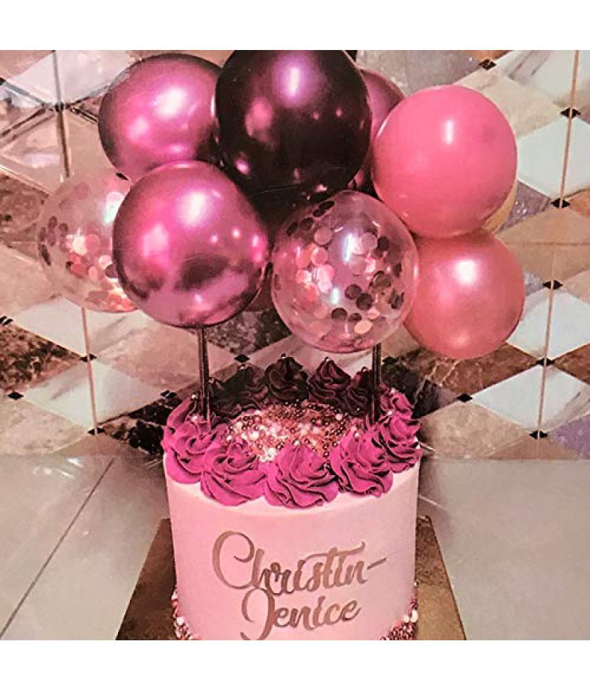     			Lalantopparties Balloons Cake Toppers 5 Inch With 10 Mini Balloons With 2 Sticks & 2 Tape For Cake Decorations Dark Pink Pink & Confetti Rose Gold Balloon Pack Of 1