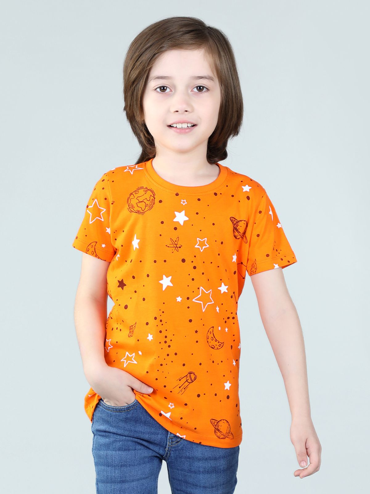 UrbanMark Junior Boys 100% Cotton Printed Half Sleeves T Shirt - Orange