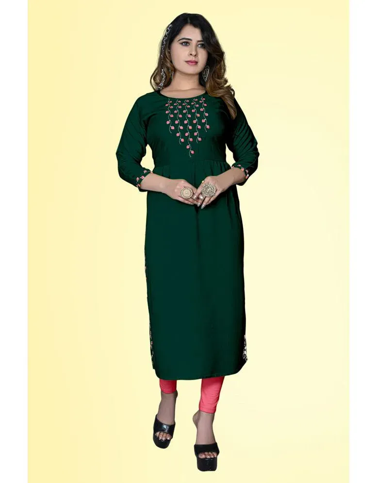 HAYA - Green Rayon Women's Straight Kurti ( Pack of 1 ) Price in India -  Buy HAYA - Green Rayon Women's Straight Kurti ( Pack of 1 ) Online at  Snapdeal