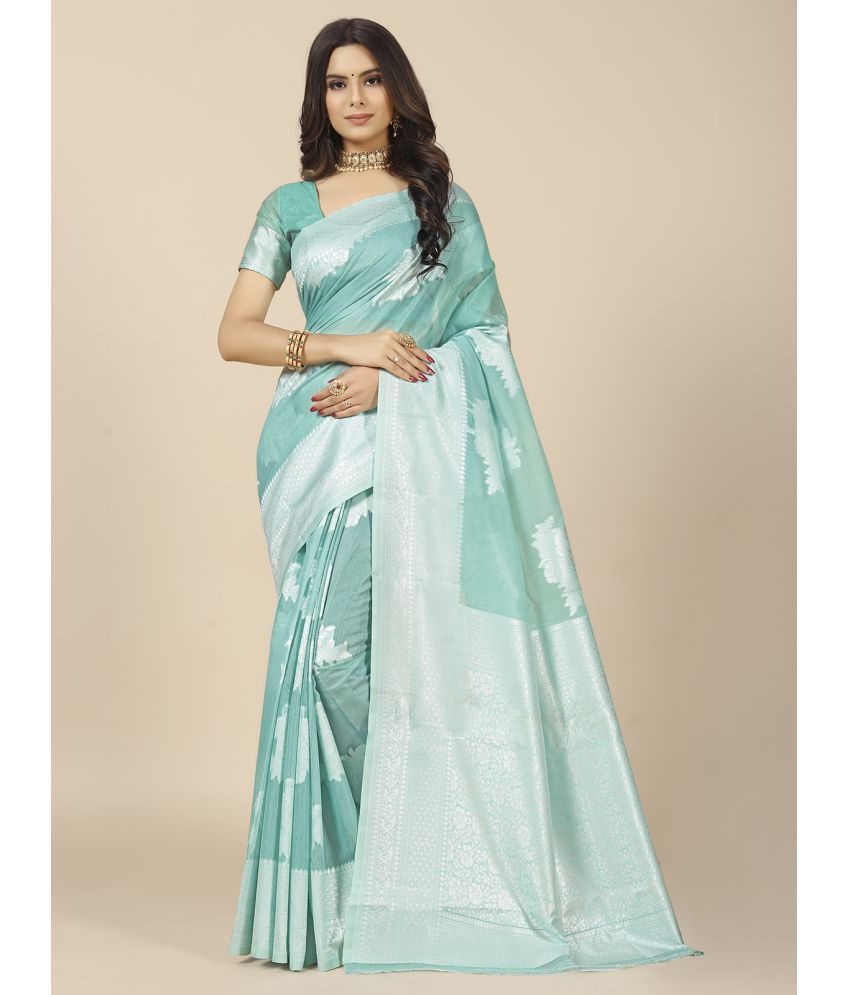     			Rangita Women Cotton Blend Jacquard Woven Saree With Blouse Piece - Turquoise
