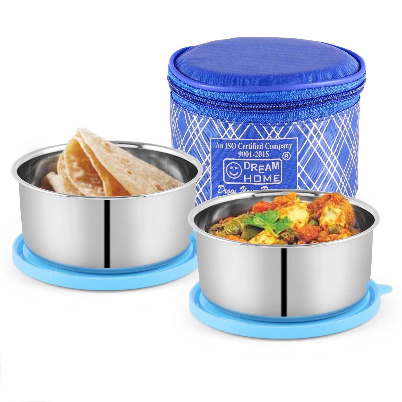Dream Home Steel Round Lunch box 2 containers with Bag, Blue
