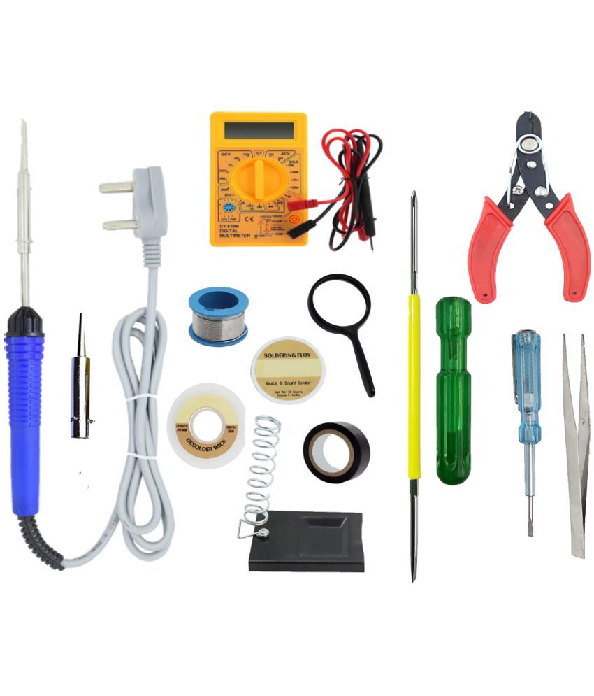     			ALDECO: ( 13 in 1 ) SOLDERING IRON 25 Watt Professional Kit - Blue Iron, Wire, Flux, Wick, Stand, Cutter, Tape, Tweezer, Tester, 2 in 1 Screw Driver, Lense, Bit, Digital Multimeter