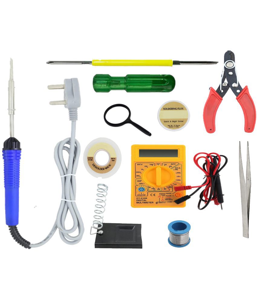     			ALDECO: ( 10 in 1 ) Soldering Iron Kit contains- Blue Iron, Wire, Flux, Wick, 2 in 1 Screw Driver, Tweezer, Cutter, Lense, Stand, Digital Multimeter