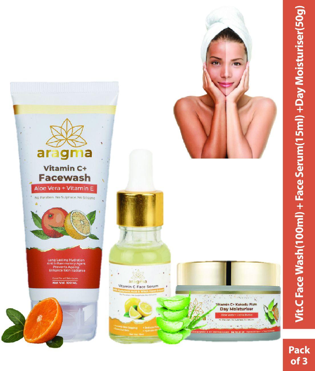 Aragma Vitamin C Kakadu Plum Day Moisturiser 50g + Vitamin C Face Serum 15ml + Vitamin C Face wash 100ml| Pack of 3
