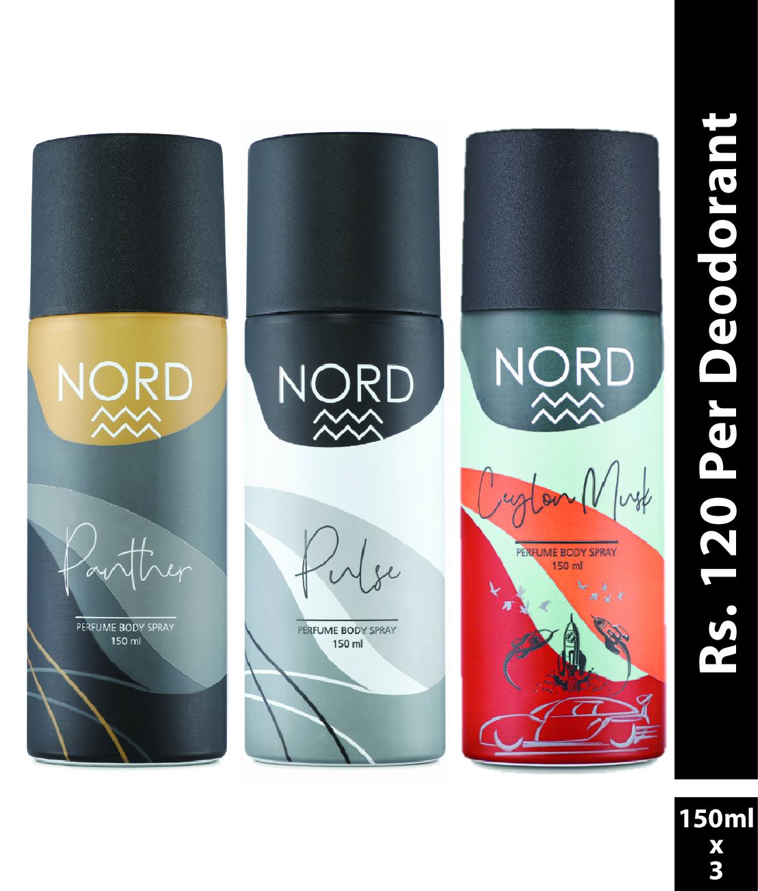 NORD Deodorant Body Spray Panther, Pulse and Ceylon Musk 150 ml each
