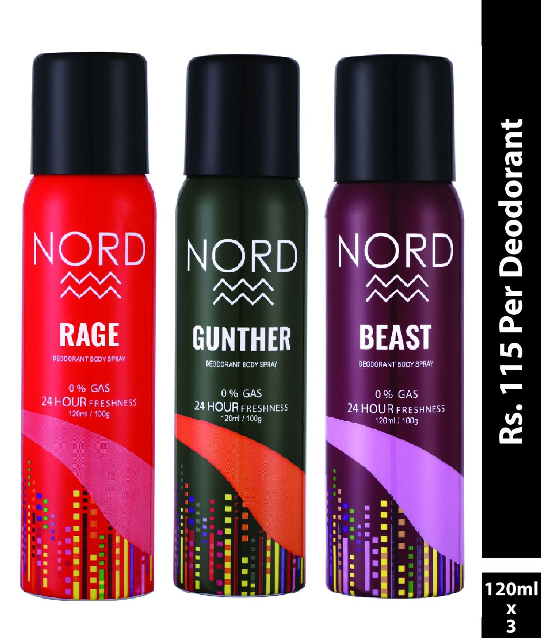 NORD Deodorant Body Spray Rage, Gunther and Beast 120 ml each (Pack