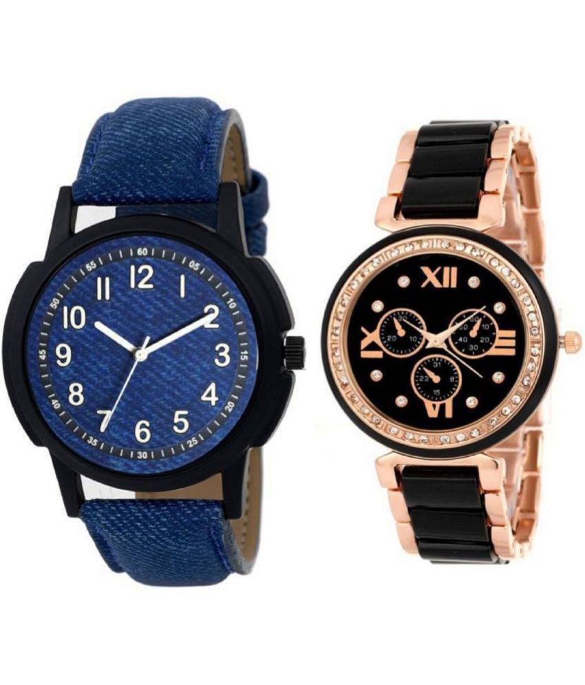     			newmen - Blue Leather Analog Couple's Watch