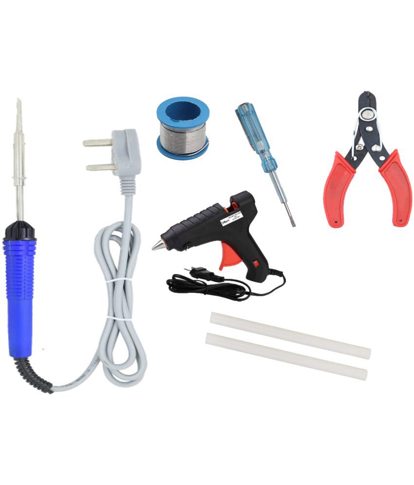     			ALDECO: ( 7 in 1 ) SOLDERING IRON 25 Watt Professional Kit - Blue Iron, Wire, Tester, Cutter, Glue gun, 2 Glue, Stick