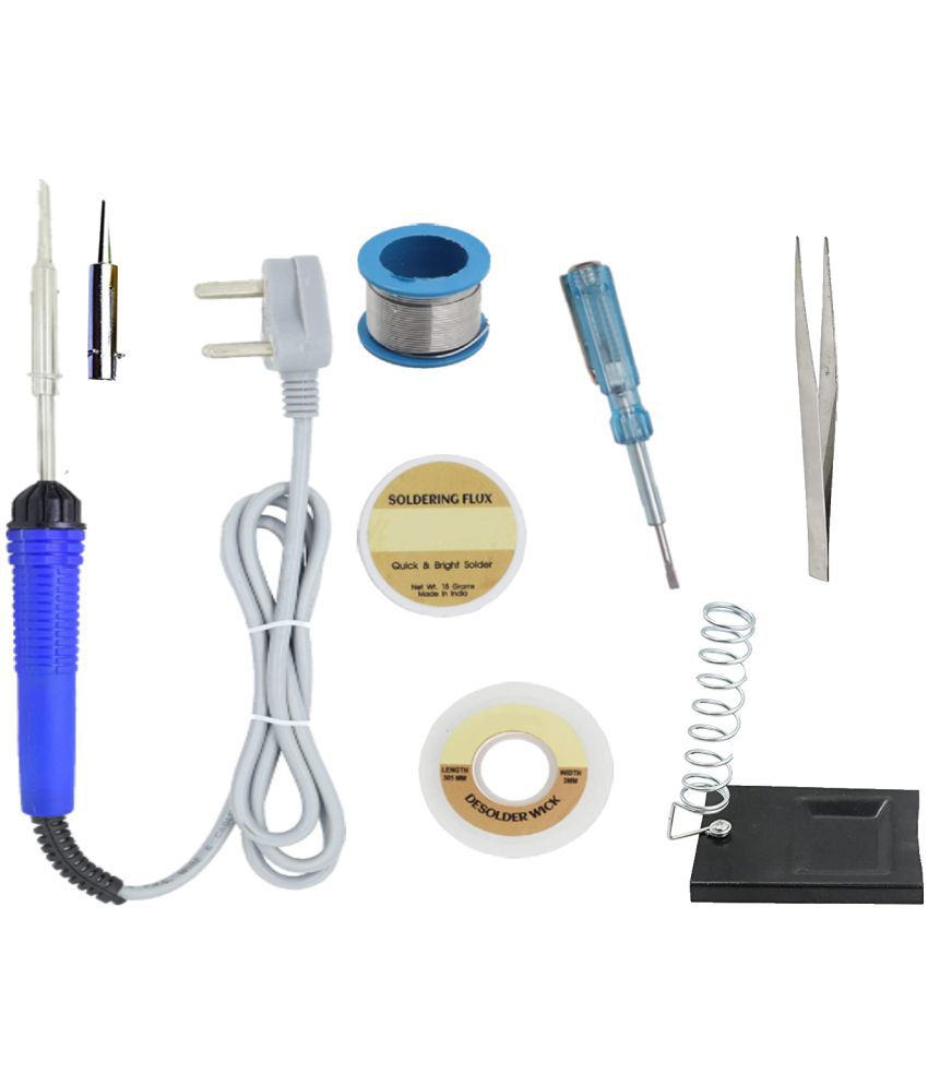     			ALDECO: ( 8 in 1 ) SOLDERING IRON 25 Watt Professional Kit -Blue Iron Wire, flux, Wick, Stand, Tweezer, Tester, Bit