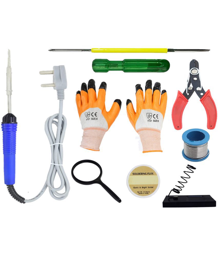     			ALDECO: ( 8 in 1 ) SOLDERING IRON 25 Watt Professional Kit - Blue Iron, Wire, Flux, Cutter, Stand, Lense, 2 in 1 Gloves