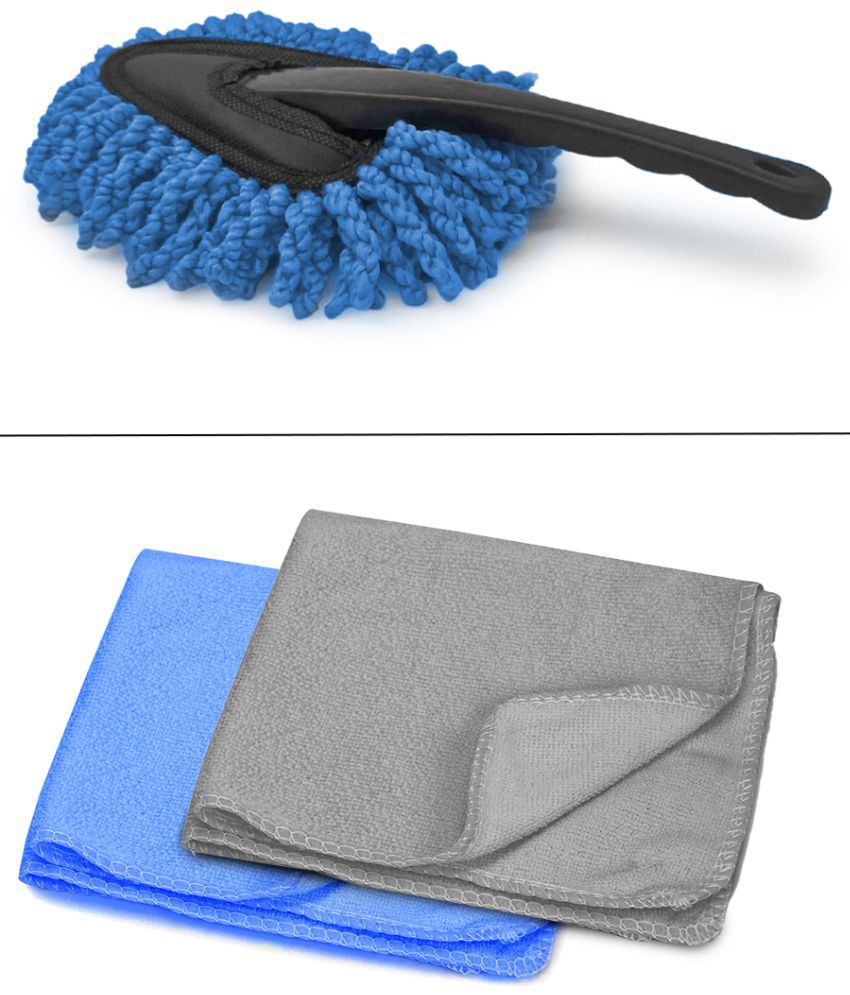     			HOMETALES - Car Cleaning Combo Of Wet & Dry Microfiber Mini Duster And Microfiber Towel 40*40 CM 250 GSM for car accessories( Pack Of 3 )