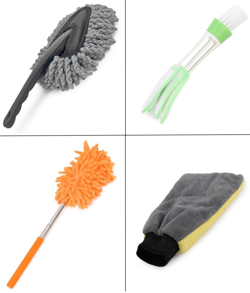     			HOMETALES - Car Cleaning Combo Of Car Ac Vent Cleaning Brush Mini Duster, Dual Sided Microfiber Gloves nd Mini Extendable Duster for car accessories( Pack Of 4 )