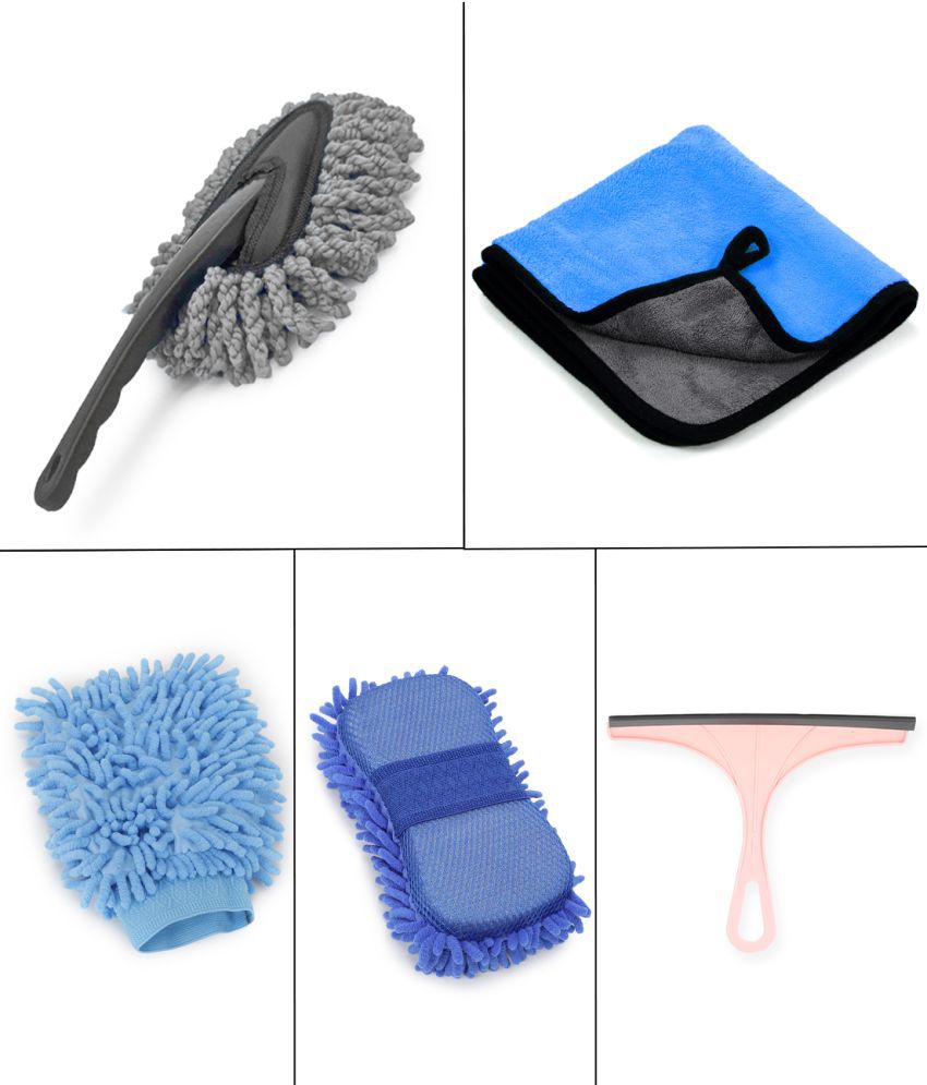     			HOMETALES - Car Cleaning Combo Of Wet & Dry Mini Microfiber Duster , Gloves , Wiper Microfiber Sponge And Microfiber Cloth 40*40CM 600GSM for car accessories( Pack Of 5 )