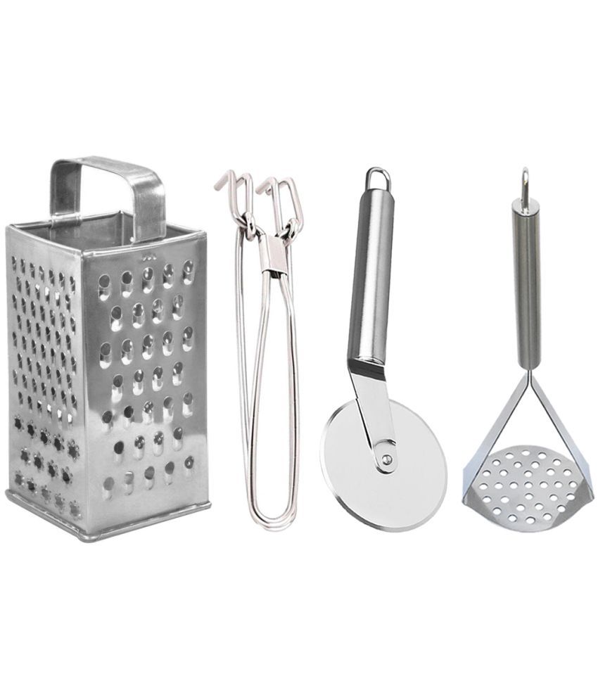     			JISUN - Silver Stainless Steel Grater & Pakkad & Pizza Cutter & Potato Masher ( Set of 4 )