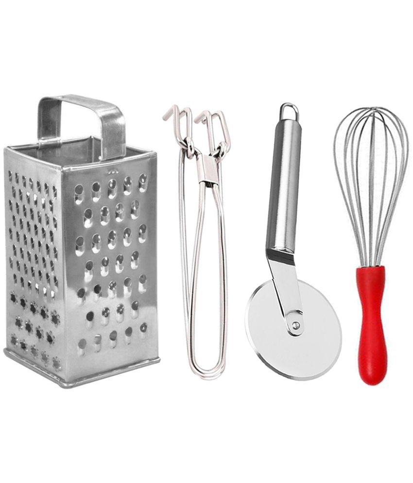     			JISUN - Silver Stainless Steel Grater & Pakkad & Pizza Cutter & Whisk ( Set of 4 )