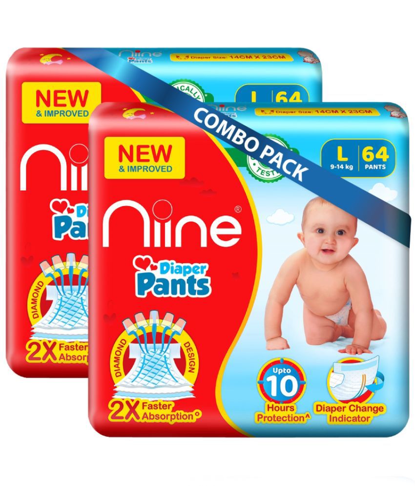     			Niine Baby Diaper Pants Large(L) Size (Pack of 2) 128 Pants for Overnight Protection with Rash Control