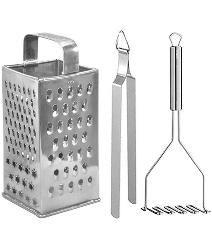     			JISUN - Silver Stainless Steel BIG GRATER & CHIMTA & ZIG-ZAG MASHER ( Set of 3 )